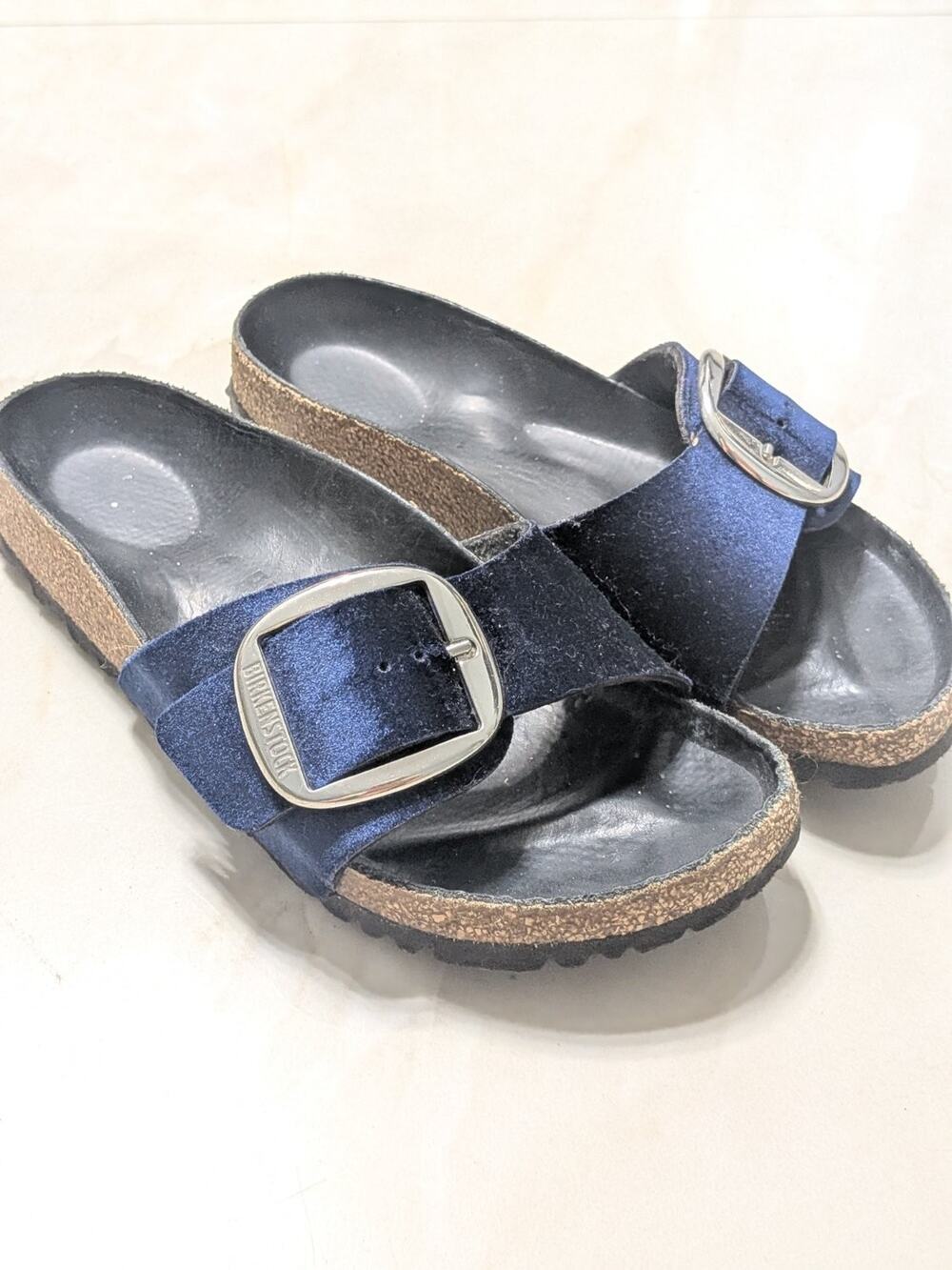 Birkenstock Madrid Big Buckle Navy Blue Velvet Slide Sandals Leather Cork Size 7